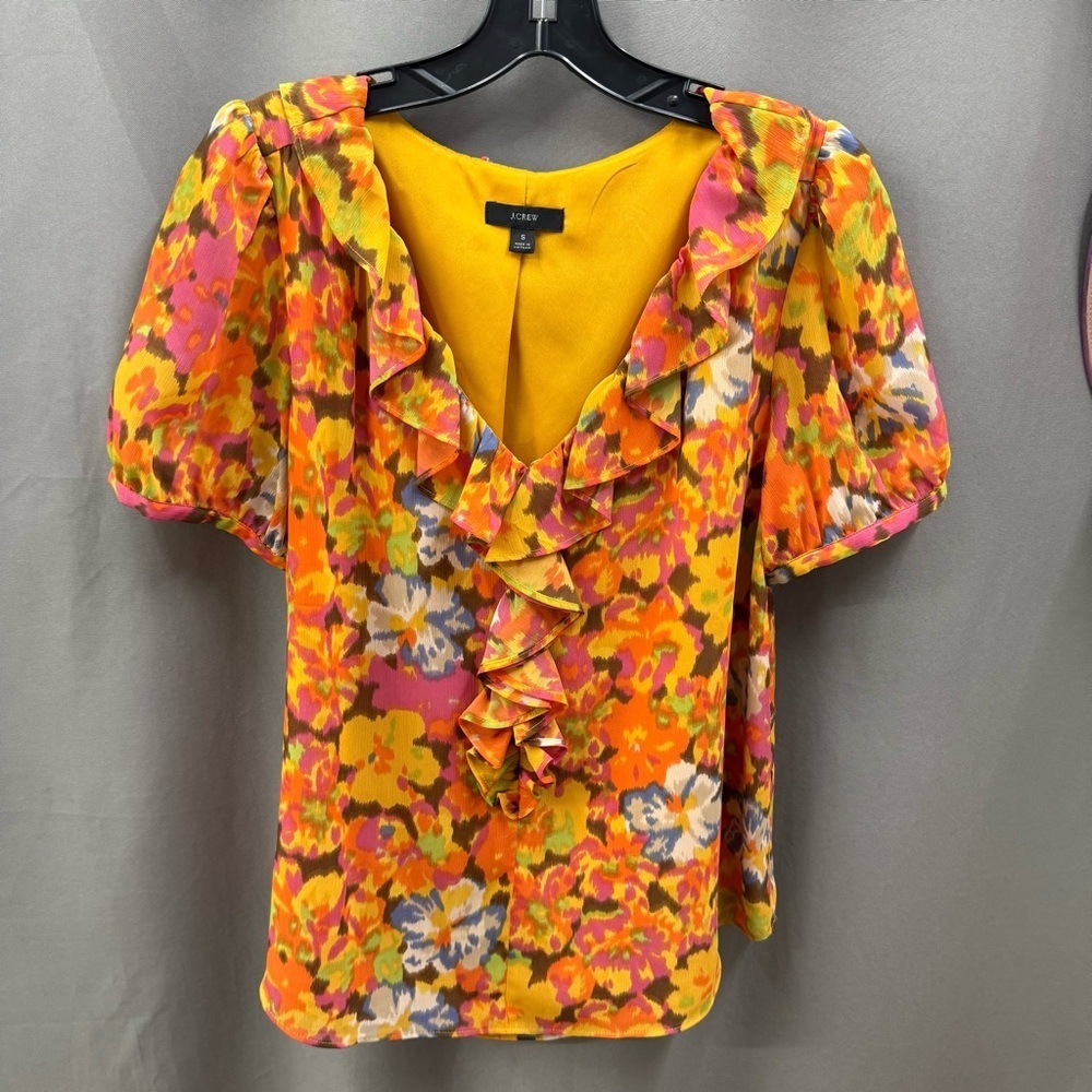 J. Crew Vibrant Floral Ruffle Blouse - Pink, Orange, Yellow